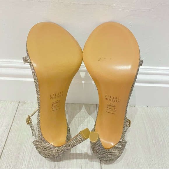 New $495 Stuart Weitzman Nudist Stiletto Sandals Shoes Platinum Noir Glitter 8 M - Picture 7 of 9